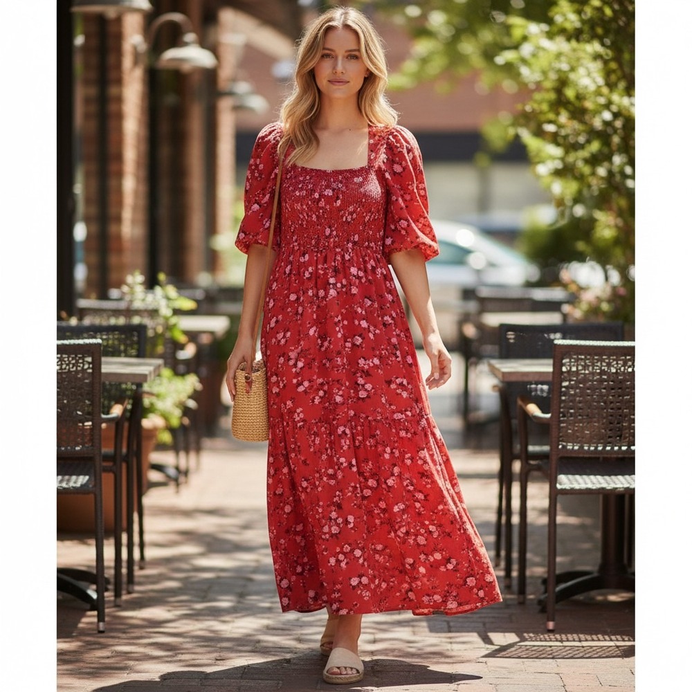 Old Navy Midi Dress Women's S Red Floral Smocked Puff Sleeve High-Low